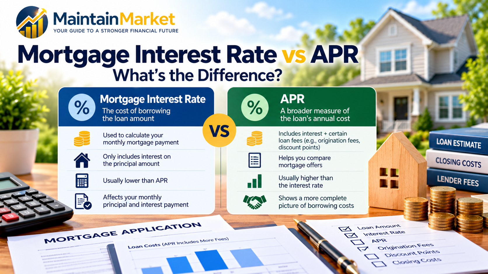 Mortgage interest rate vs APR comparison showing mortgage rates, lender fees, and home loan costs