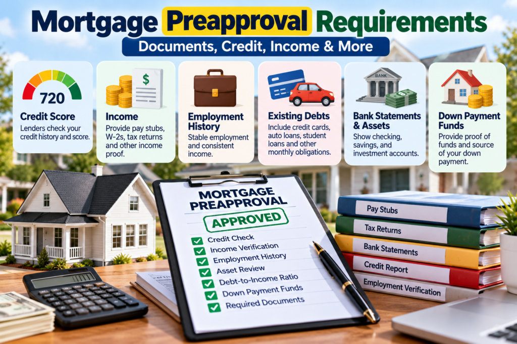 Mortgage preapproval requirements showing credit score, income, employment history, debt, bank statements, documents, and down payment funds in the United States.