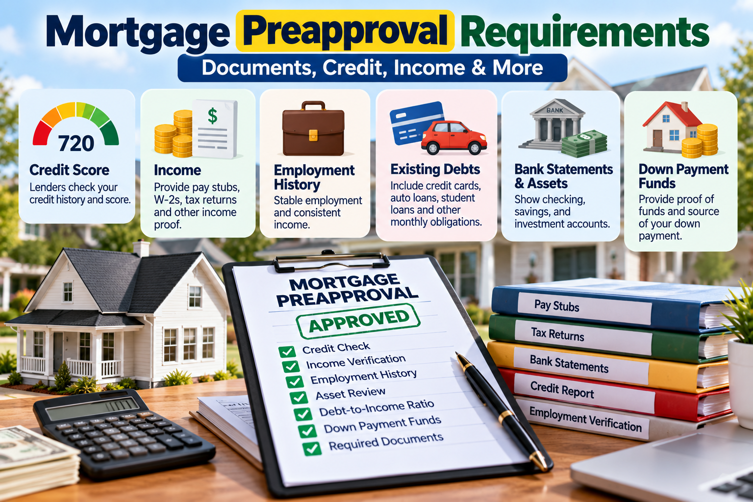 Mortgage preapproval requirements showing credit score, income, employment history, debt, bank statements, documents, and down payment funds in the United States.