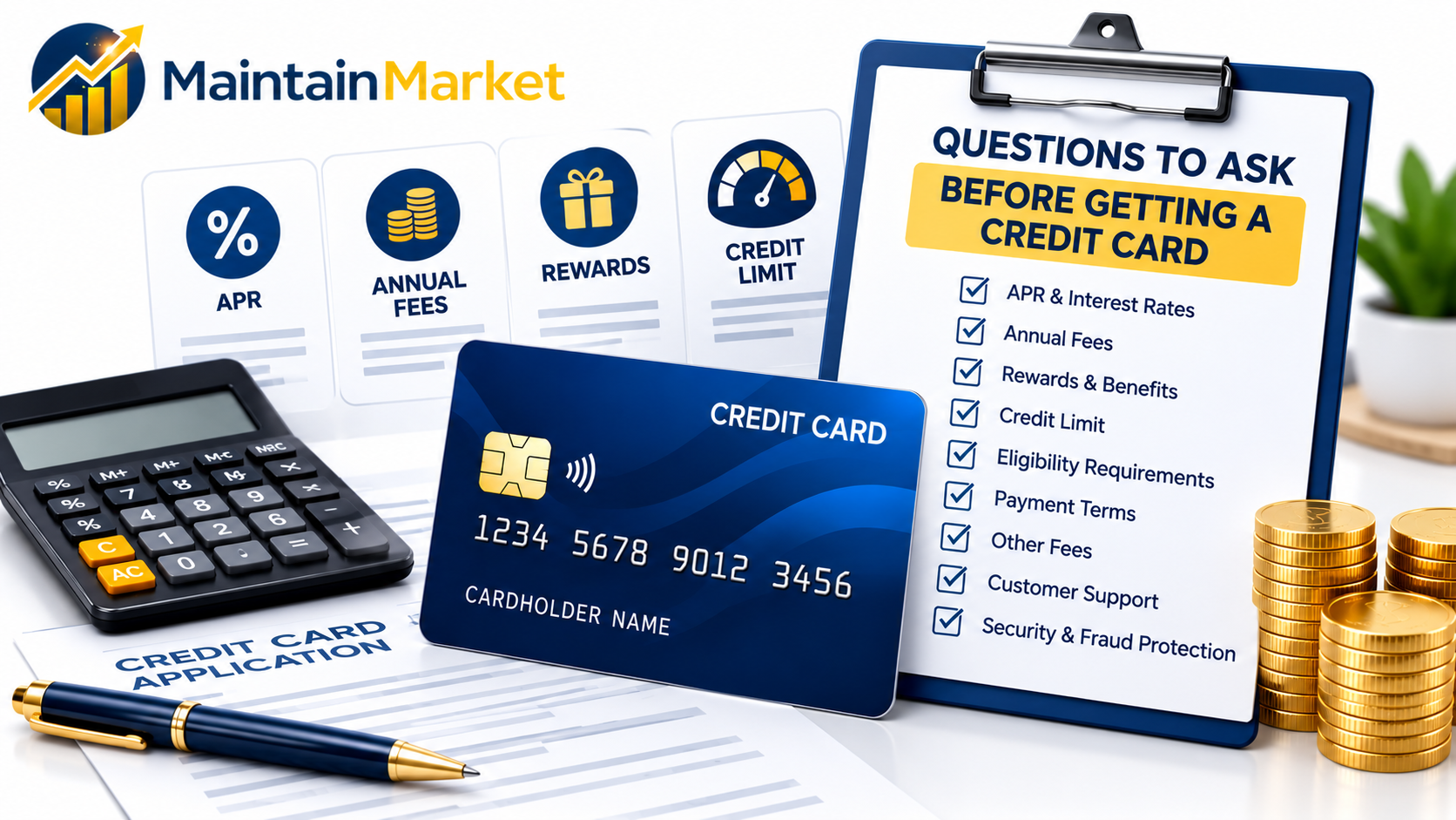 Questions to ask before getting a credit card, illustrating a credit card, APR details, annual fees, rewards, and a financial checklist.