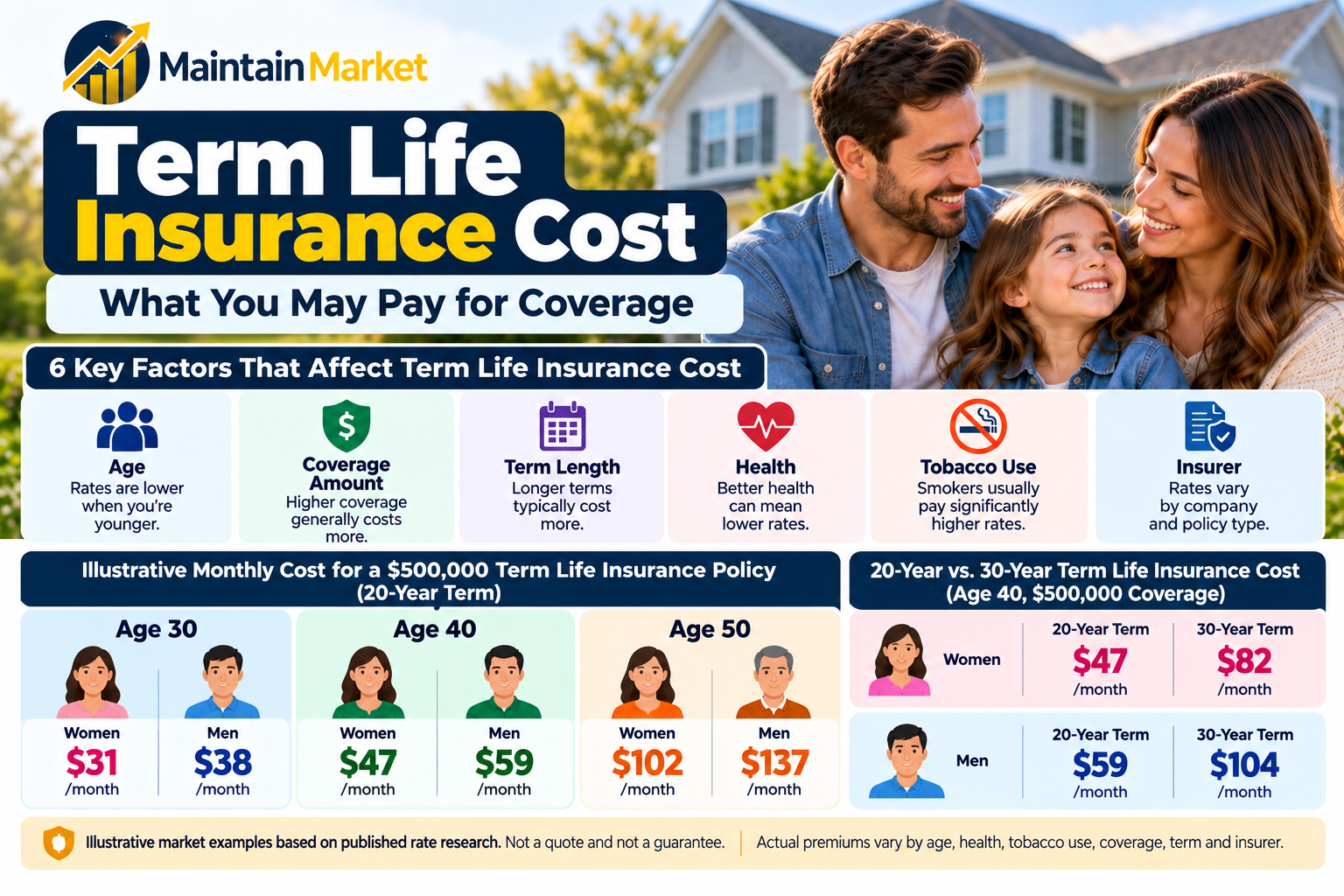 Term life insurance cost showing monthly premiums by age, coverage amount, term length, health and smoking status in the United States.
