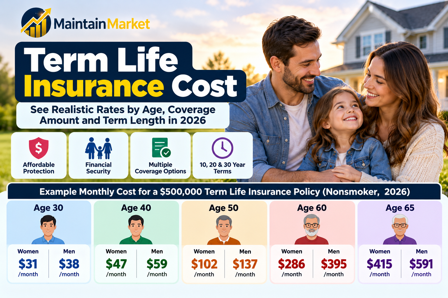 Term life insurance cost showing monthly premiums by age, coverage amount, term length, health and smoking status in the United States.