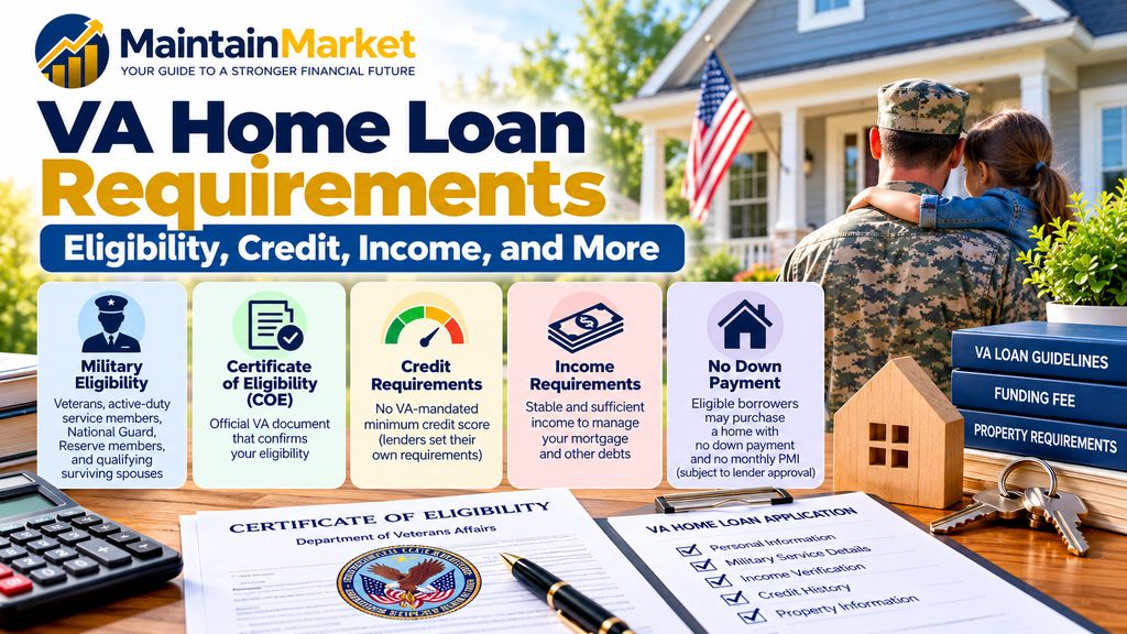 VA home loan requirements guide showing veteran homebuyer eligibility, Certificate of Eligibility, mortgage documents, and home financing. 