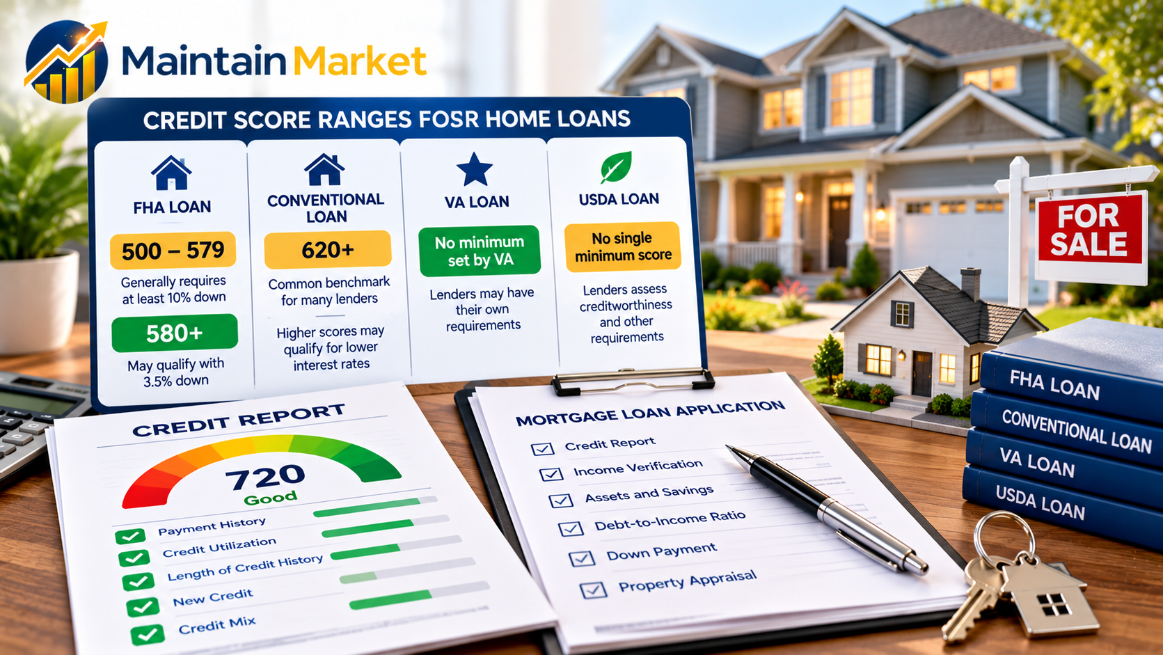 What credit score do I need to buy a house, illustrating mortgage credit score ranges, a home, and loan documents.